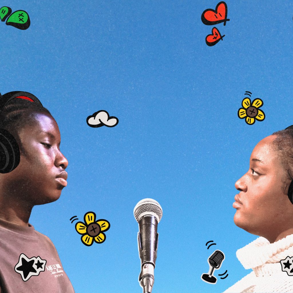 Two young people face each other with a microphone between them, against a blue background with illustrated flowers and clouds in the background.